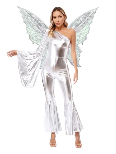 Aiihoo Damen Disco Kostüm Metallic Overall Flare Ärmel One Shoulder Jumpsuit Glitzer Bodysuit + Schmetterling Flügeln Feenkostüm Faschingskostüm Silber 3XL von Aiihoo