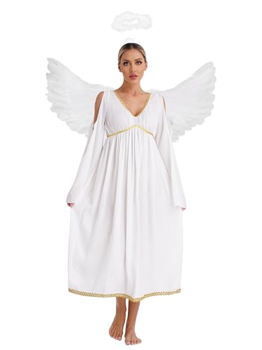 Aiihoo Damen Engel Kostüm Weiß Engel Kleid mit Engelsflügel Heiligenschein Teufel Flügel Toga Kleid Erwachsene Halloween Kostüm Karneval Fasching Party Elfenbein 3XL von Aiihoo