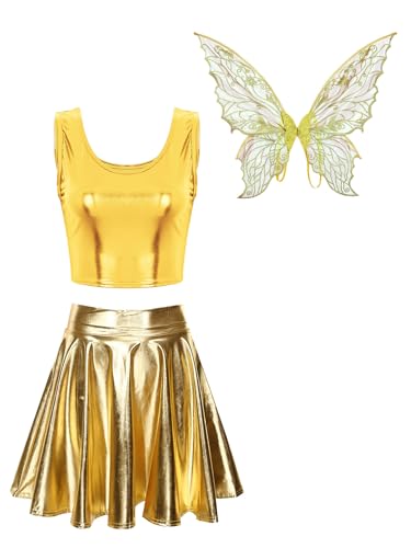 Aiihoo Damen Fee Kostüm Metallic Crop Top + Mini Rock + Schmetterling Flügeln Rave Outfit Clubwear Halloween Karneval Facshing Kostüm Gold L von Aiihoo