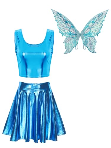 Aiihoo Damen Fee Kostüm Metallic Crop Top + Mini Rock + Schmetterling Flügeln Rave Outfit Clubwear Halloween Karneval Facshing Kostüm Hellblau L von Aiihoo