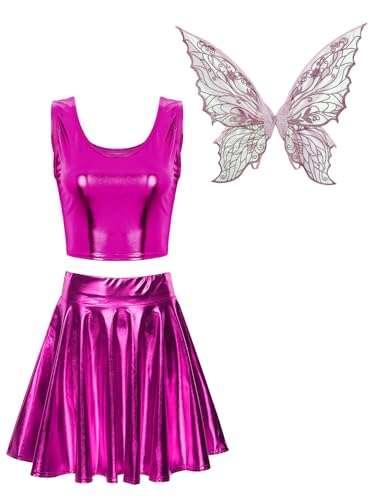 Aiihoo Damen Fee Kostüm Metallic Crop Top + Mini Rock + Schmetterling Flügeln Rave Outfit Clubwear Halloween Karneval Facshing Kostüm Hot Pink L von Aiihoo