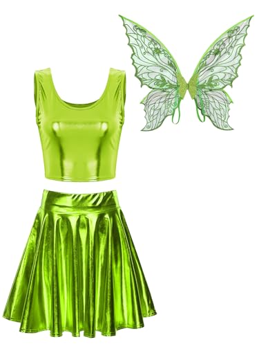 Aiihoo Damen Fee Kostüm Metallic Crop Top + Mini Rock + Schmetterling Flügeln Rave Outfit Clubwear Halloween Karneval Facshing Kostüm Leuchtendes Grün L von Aiihoo