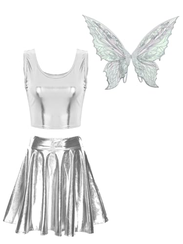 Aiihoo Damen Fee Kostüm Metallic Crop Top + Mini Rock + Schmetterling Flügeln Rave Outfit Clubwear Halloween Karneval Facshing Kostüm Silber L von Aiihoo