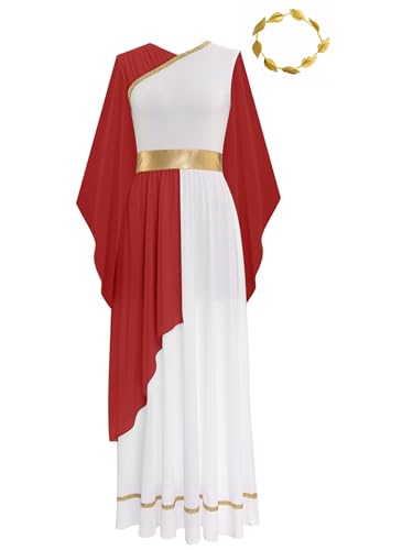 Aiihoo Damen Griechische Göttin Kostüm Antike Römische Göttin Kleid Toga Ärmellos Maxikleid + Lorbeerkranz Chiffon Tuch Königin Ägypten Fasching Kostüm Burgundy L von Aiihoo