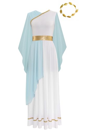 Aiihoo Damen Griechische Göttin Kostüm Antike Römische Göttin Kleid Toga Ärmellos Maxikleid + Lorbeerkranz Chiffon Tuch Königin Ägypten Fasching Kostüm Hellblau L von Aiihoo