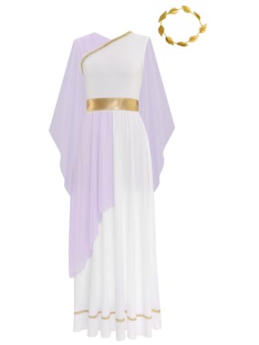 Aiihoo Damen Griechische Göttin Kostüm Antike Römische Göttin Kleid Toga Ärmellos Maxikleid + Lorbeerkranz Chiffon Tuch Königin Ägypten Fasching Kostüm Lavendel M von Aiihoo