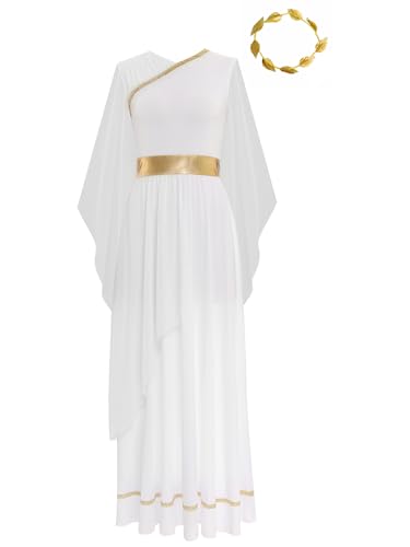 Aiihoo Damen Griechische Göttin Kostüm Antike Römische Göttin Kleid Toga Ärmellos Maxikleid + Lorbeerkranz Chiffon Tuch Königin Ägypten Fasching Kostüm Weiß 3XL von Aiihoo