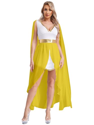 Aiihoo Damen Griechische Göttin Kostüm Antike Römische Kleidung Toga Kleid V-Ausschnitt Vokuhila Kleid Ägypten Königin Halloween Karneval Kostüm Gelb M von Aiihoo