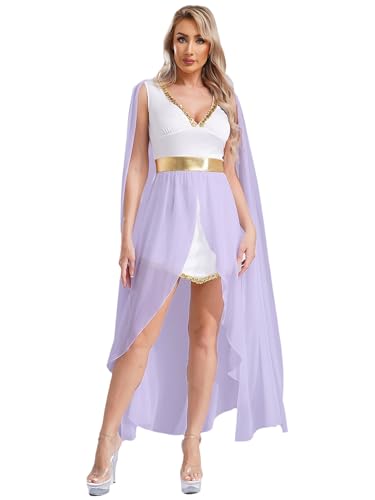 Aiihoo Damen Griechische Göttin Kostüm Antike Römische Kleidung Toga Kleid V-Ausschnitt Vokuhila Kleid Ägypten Königin Halloween Karneval Kostüm Lavendel 3XL von Aiihoo