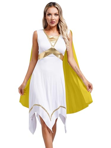 Aiihoo Damen Griechische Göttin Kostüm Antike Römische Königin Toga Ärmellos Minikleid mit Umhang Ägyptin Frauen Fasching Cosplay Outfits Gelb S von Aiihoo