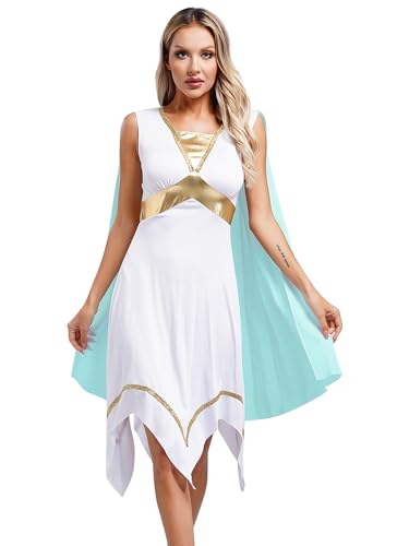 Aiihoo Damen Griechische Göttin Kostüm Antike Römische Königin Toga Ärmellos Minikleid mit Umhang Ägyptin Frauen Fasching Cosplay Outfits Hellblau L von Aiihoo