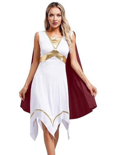 Aiihoo Damen Griechische Göttin Kostüm Antike Römische Königin Toga Ärmellos Minikleid mit Umhang Ägyptin Frauen Fasching Cosplay Outfits Weinrot 3XL von Aiihoo