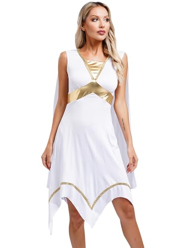 Aiihoo Damen Griechische Göttin Kostüm Antike Römische Königin Toga Ärmellos Minikleid mit Umhang Ägyptin Frauen Fasching Cosplay Outfits Weiß XL von Aiihoo