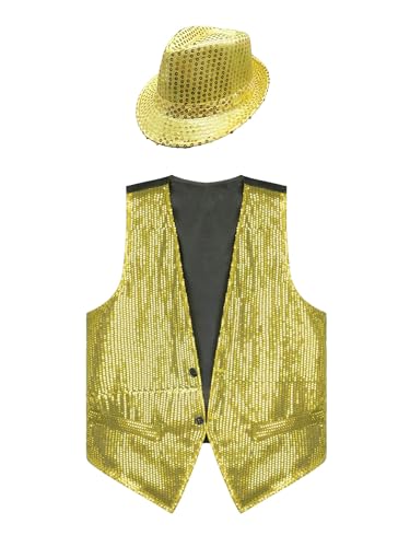 Aiihoo Damen Herren Pailletten Weste Glitzer Anzugsweste mit Hut Ärmellos V-Ausschnitt Jacke Hemd Karnevalskostüm Hiphop Jazz Tanz Kostüm Gold 3XL von Aiihoo