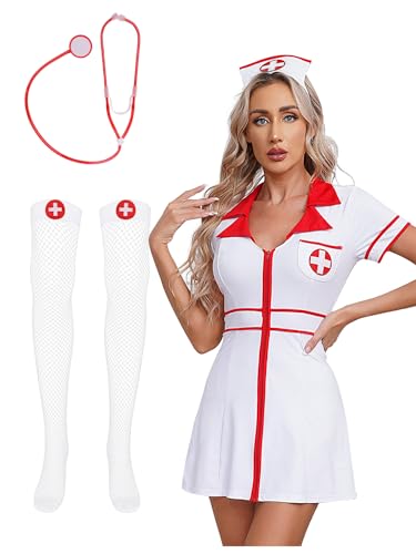 Aiihoo Damen Krankenschwester Kostüm Kurzarm Kleid Mini Rock mit Reißverschluss Schwesternhaube + Netz Kniestrümpfe +Stethoskop Pflegeuniformen Cosplay Outfit Weiß 3XL von Aiihoo