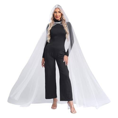 Aiihoo Damen Maxi Umhang mit Kapuzen Mittelalter Durchsichtig Mesh Robe Lang Cape Gothic Vampir Kostüm Cover Up Mantel Outerwear Weiß L von Aiihoo