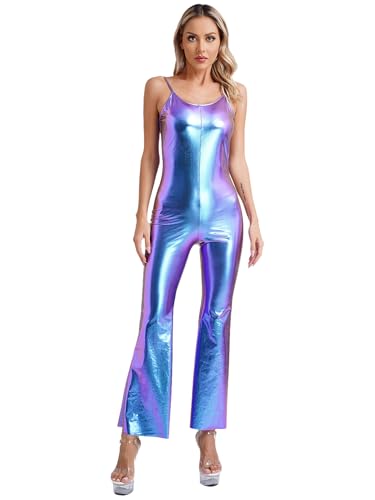 Aiihoo Damen Metallic Kostüm Jumpsuit 70er 80er Jahre Disco Kleidung Einteiler Bodysuit Overall Romper Tanzkleidung Karneval Party Nachtclub Blau XL von Aiihoo