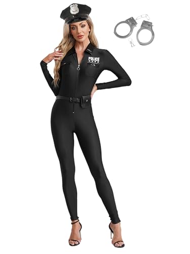 Aiihoo Damen Polizistin Kostüm Langarm Jumpsuit Overall mit Polizei Hut Gürtel Abzeichen Handschellen Halloween Berufskleidung Uniform Schwarz L von Aiihoo