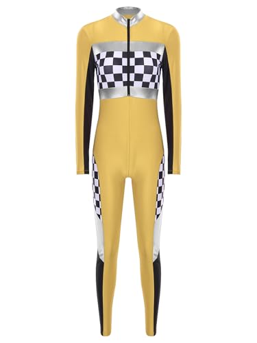 Aiihoo Damen Rennfahrer Kostüm Checkerboard Race Girl Kostüm Jumpsuit Langarm Bodysuit Overall Rompers Rennwagen Kostüm Halloween Karneval Kostüm Gelb 3XL von Aiihoo