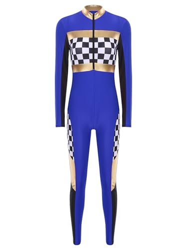 Aiihoo Damen Rennfahrer Kostüm Checkerboard Race Girl Kostüm Jumpsuit Langarm Bodysuit Overall Rompers Rennwagen Kostüm Halloween Karneval Kostüm Königsblau L von Aiihoo