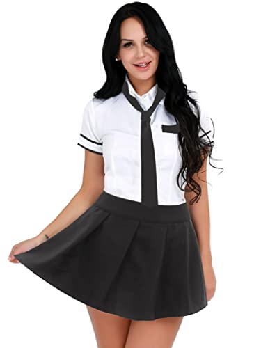 Aiihoo Damen Schulmädchen Kostüm Schuluniform Kurzarm Hemd Mit Krawatte + Minirock Halloween Karneval Party Cosplay Outfits Schwarz S von Aiihoo