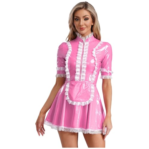 Aiihoo Damen Sissy Maid Lackleder Partykleid Kurzarm Spitzen Saum Schürze A-Line Tutu Kleid Halloween Kostüm Clubwear Rosa 3XL von Aiihoo