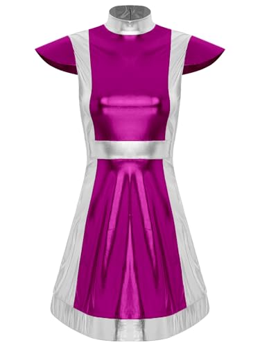 Aiihoo Damen Spacegirl Alien Kostüm Cap Sleeve Metallic Kleid Tanzkleid Faltenkleid Minikleid Halloween Cosplay Kleidung Faschingskostüm Hot Pink L von Aiihoo