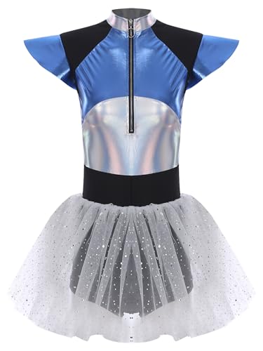 Aiihoo Damen Spacegirl Alien Kostüm Cap Sleeve Metallic Kleid Tanzkleid Minikleid Astronaut Kostüm Bodysuit Glitzer Tüll Rock Karneval Faschingskostüm Silber L von Aiihoo