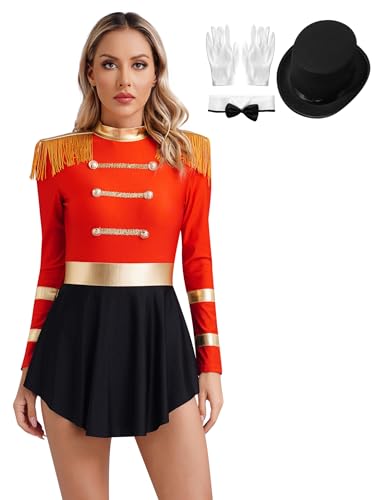 Aiihoo Damen Zirkus Kostüm Langarm Body mit Rock Stehkragen Zirkus Kleid + Bowknot + Handschuhe Ringmaster Showmann Halloween Karneval Kostüm Outfits B Rot XL von Aiihoo