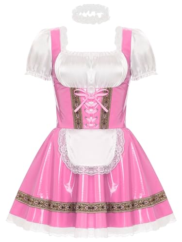 Aiihoo Dienstmädchen Kostüm Damen Wetlook Lack Lederkleid mit Halsband Spitze Minikleid Oktoberfest Kostüm Clubwear Halloween Karneval Party Rosa 3XL von Aiihoo