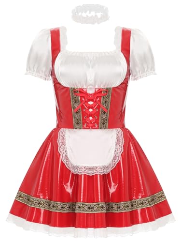 Aiihoo Dienstmädchen Kostüm Damen Wetlook Lack Lederkleid mit Halsband Spitze Minikleid Oktoberfest Kostüm Clubwear Halloween Karneval Party Rot XXL von Aiihoo