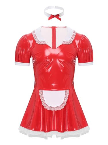 Aiihoo Dienstmädchen Kostüm Herren Wetlook Lederkleid Sissy Dessous Minikleid French Maid Kostüm Clubwear Halloween Cosplay U Rot XXL von Aiihoo