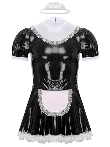 Aiihoo Dienstmädchen Kostüm Herren Wetlook Lederkleid Sissy Dessous Minikleid French Maid Kostüm Clubwear Halloween Cosplay V Schwarz 4XL von Aiihoo