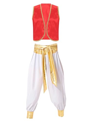 Aiihoo Herren Aladin Kostüm Glitzer Weste Ärmellos Top + Hose Pumphose Arabischer Prinz Kostüm Halloween Karneval Fasching Mottorarty Burgunder & Weiß 3XL von Aiihoo