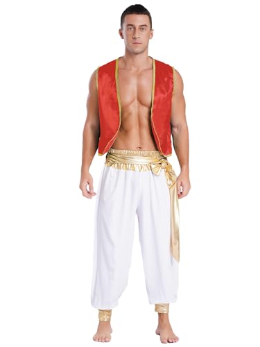 Aiihoo Herren Aladin Kostüm Glitzer Weste Ärmellos Top + Hose Pumphose Arabischer Prinz Kostüm Halloween Karneval Fasching Mottorarty Burgunder & Weiß 3XL von Aiihoo