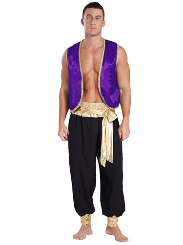 Aiihoo Herren Aladin Kostüm Glitzer Weste Ärmellos Top + Hose Pumphose Arabischer Prinz Kostüm Halloween Karneval Fasching Mottorarty Dunkellila und Schwarz 3XL von Aiihoo