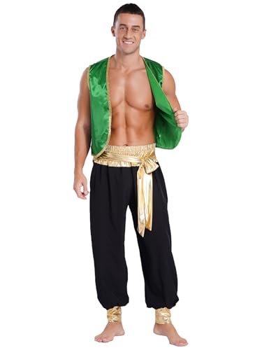 Aiihoo Herren Aladin Kostüm Glitzer Weste Ärmellos Top + Hose Pumphose Arabischer Prinz Kostüm Halloween Karneval Fasching Mottorarty Grün Schwarz L von Aiihoo