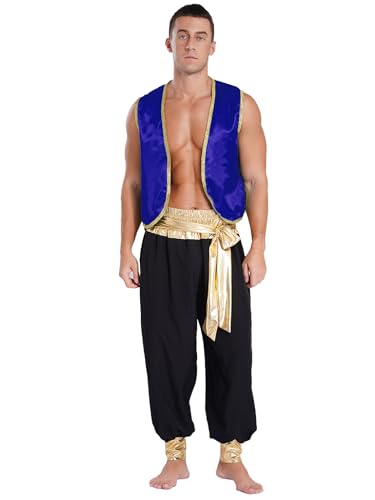 Aiihoo Herren Aladin Kostüm Glitzer Weste Ärmellos Top + Hose Pumphose Arabischer Prinz Kostüm Halloween Karneval Fasching Mottorarty Königsblau & Schwarz L von Aiihoo