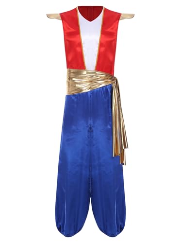 Aiihoo Herren Aladin Kostüm Halloween Araber Verkleidung Einteiliger Jumpsuit Satin Overall + Metallic Gürtel Aladin Outfits Halloween Karneval Kostüm Blau L von Aiihoo