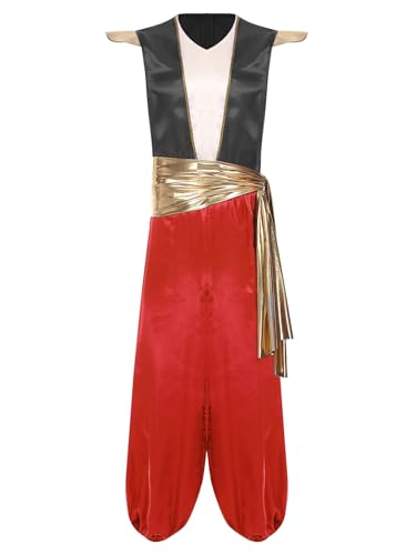 Aiihoo Herren Aladin Kostüm Halloween Araber Verkleidung Einteiliger Jumpsuit Satin Overall + Metallic Gürtel Aladin Outfits Halloween Karneval Kostüm Burgundy M von Aiihoo