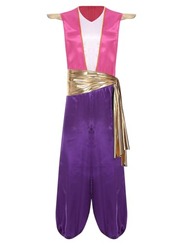 Aiihoo Herren Aladin Kostüm Halloween Araber Verkleidung Einteiliger Jumpsuit Satin Overall + Metallic Gürtel Aladin Outfits Halloween Karneval Kostüm Violett 3XL von Aiihoo