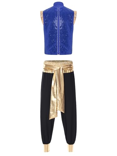 Aiihoo Herren Aladin Kostüm Halloween Cosplay Pailletten Arabischer Prinz Weste und Haremhose Aladinhsoe Aladin Outfits Karneval Kostüm Mottoparty Blau Schwarz 3XL von Aiihoo