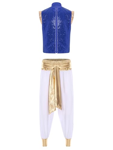 Aiihoo Herren Aladin Kostüm Halloween Cosplay Pailletten Arabischer Prinz Weste und Haremhose Aladinhsoe Aladin Outfits Karneval Kostüm Mottoparty Blau Weiss 3XL von Aiihoo