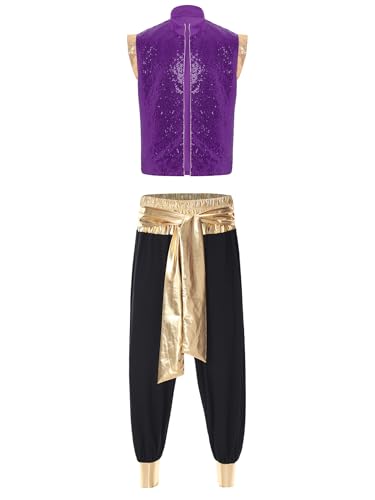 Aiihoo Herren Aladin Kostüm Halloween Cosplay Pailletten Arabischer Prinz Weste und Haremhose Aladinhsoe Aladin Outfits Karneval Kostüm Mottoparty Lila Schwarz 3XL von Aiihoo