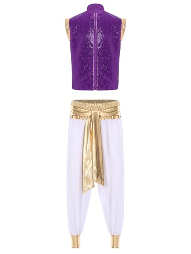 Aiihoo Herren Aladin Kostüm Halloween Cosplay Pailletten Arabischer Prinz Weste und Haremhose Aladinhsoe Aladin Outfits Karneval Kostüm Mottoparty Lila Weiß L von Aiihoo