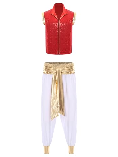 Aiihoo Herren Aladin Kostüm Halloween Cosplay Pailletten Arabischer Prinz Weste und Haremhose Aladinhsoe Aladin Outfits Karneval Kostüm Mottoparty Rot Weiss L von Aiihoo