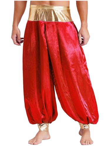 Aiihoo Herren Arabischer Prinz Kostüm Aladin Haremshose Metallisch Glänzend Laterne Hose Pumphose Halloween Karneval Kostüm Burgundy 3XL von Aiihoo