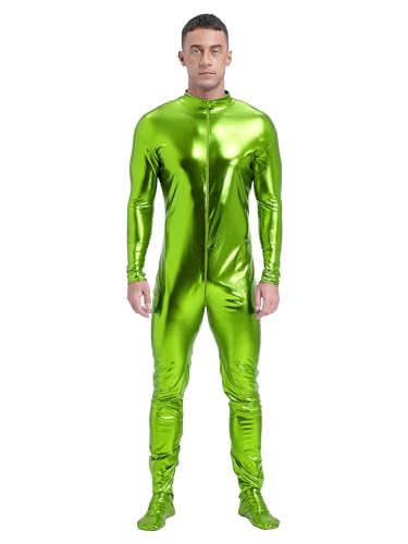 Aiihoo Herren Body Metallic Ganzkörperanzug Langarm Einteiler Overall Jumpsuit Gymnastikanzug Disco Tanzkostüm Karneval Fasching Kostüme Gras-Grün XL von Aiihoo