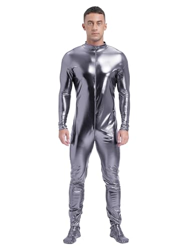 Aiihoo Herren Body Metallic Ganzkörperanzug Langarm Einteiler Overall Jumpsuit Gymnastikanzug Disco Tanzkostüm Karneval Fasching Kostüme Grau 3XL von Aiihoo