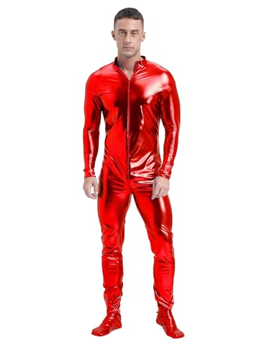 Aiihoo Herren Body Metallic Ganzkörperanzug Langarm Einteiler Overall Jumpsuit Gymnastikanzug Disco Tanzkostüm Karneval Fasching Kostüme Rot 3XL von Aiihoo